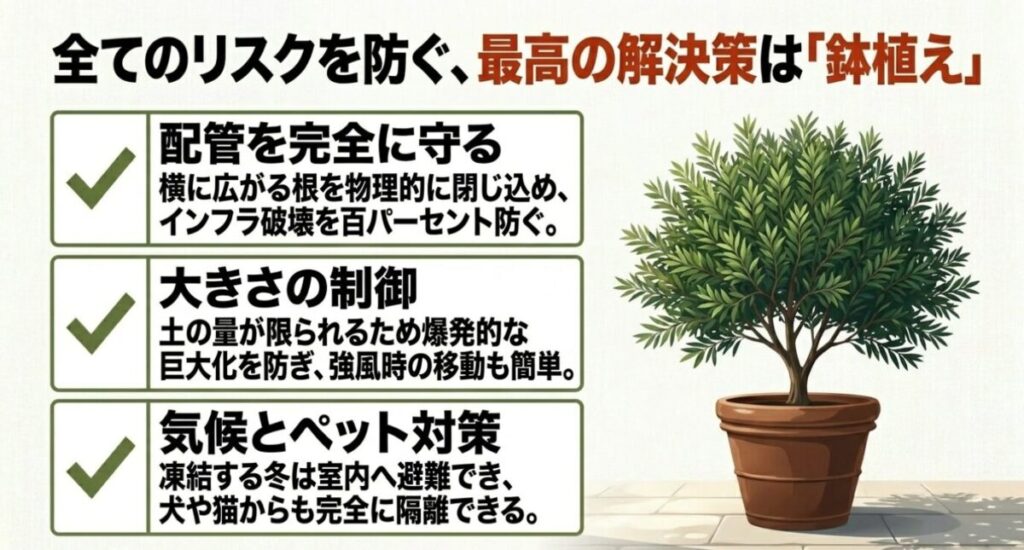 ティーツリー:全てのリスクを防ぐ、最高の解決策は「鉢植え」。配管を完全に守り、大きさを制御し、冬の気候とペット対策も可能になる