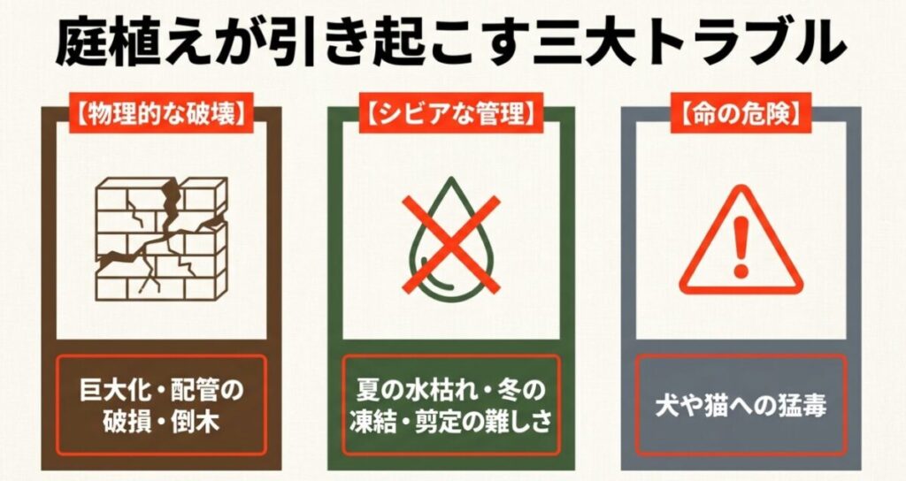 ティーツリー:庭植えが引き起こす三大トラブル。巨大化や配管破損などの物理的な破壊、水枯れや凍結などのシビアな管理、犬や猫への猛毒による命の危険について