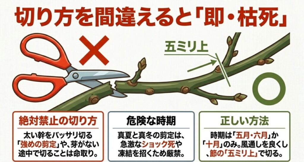 ティーツリー:切り方を間違えると「即・枯死」。太い幹を切る強剪定などの絶対禁止の切り方、真夏と真冬の危険な時期、正しい剪定方法について