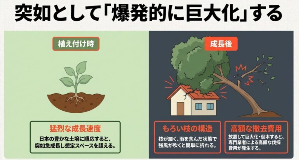 突如として「爆発的に巨大化」するティーツリー。猛烈な成長速度、もろい枝の構造による強風時の枝折れ、放置した場合の高額な撤去費用について