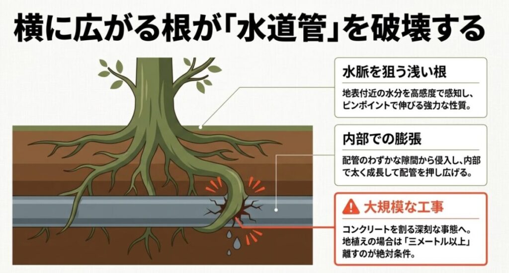 ティーツリー:横に広がる根が「水道管」を破壊するメカニズム。水脈を狙う浅い根が配管の隙間から侵入し、内部で膨張して大規模な工事になる危険性