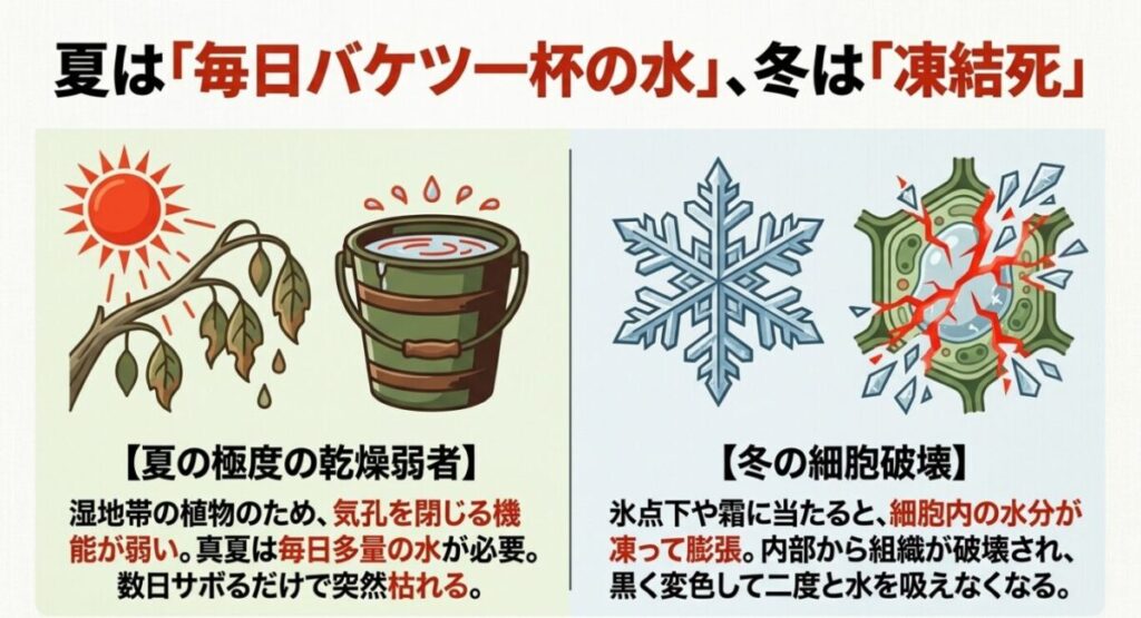 ティーツリー:夏は「毎日バケツ一杯の水」、冬は「凍結死」。夏の極度の乾燥弱者である性質と、冬の細胞破壊による枯死のリスクについて