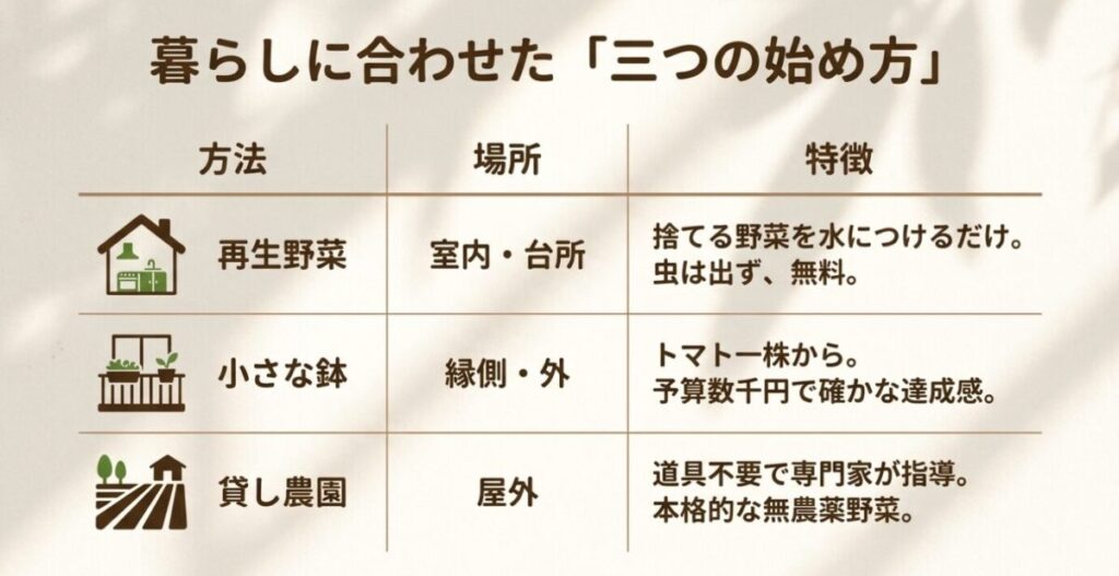 家庭菜園:暮らしに合わせた三つの始め方として、再生野菜、小さな鉢、貸し農園の場所と特徴を比較した表。