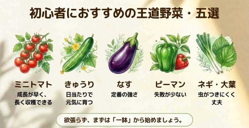 家庭菜園:初心者におすすめの王道野菜として、ミニトマト、きゅうり、なす、ピーマン、ネギ・大葉を紹介。