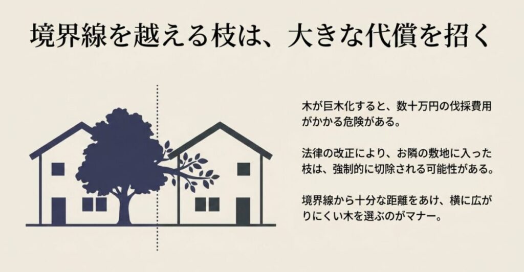 大きくならない庭木：木が巨木化すると数十万円の伐採費用がかかる危険があり、お隣の敷地に入った枝は強制的に切除される可能性があるため境界線から十分な距離をあけるのがマナー