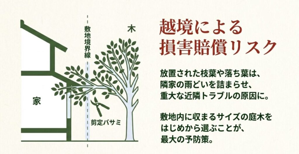 庭木：家と木の間に敷地境界線があり、越境した枝を剪定バサミで切るイラスト。放置された枝葉や落ち葉は隣家の雨どいを詰まらせ、重大な近隣トラブルの原因に。敷地内に収まるサイズの庭木をはじめから選ぶことが最大の予防策。