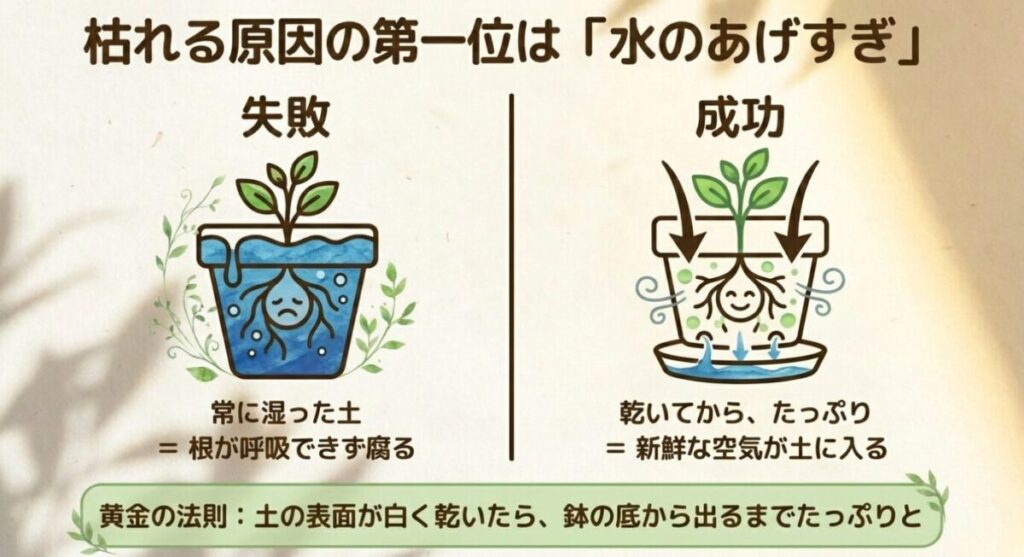 家庭菜園:枯れる原因の第一位は水のあげすぎ。土の表面が白く乾いてから鉢の底から出るまでたっぷり水を与える黄金の法則を図解。