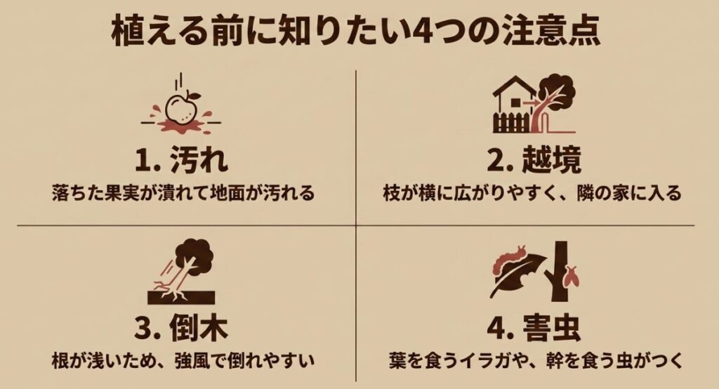 ヤマボウシ:植える前に知りたい4つの注意点。1.汚れ(落ちた果実が潰れて地面が汚れる)、2.越境(枝が横に広がりやすく隣の家に入る)、3.倒木(根が浅いため強風で倒れやすい)、4.害虫(葉を食うイラガや幹を食う虫がつく)。