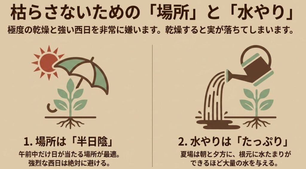 ヤマボウシ:枯らさないための「場所」と「水やり」。極度の乾燥と強い西日を非常に嫌うため、場所は午前中だけ日が当たる半日陰にし、水やりは夏場に根元に水たまりができるほどたっぷり与える。
