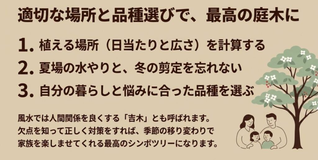 ヤマボウシ:適切な場所と品種選びで、最高の庭木に。1.植える場所を計算する、2.夏場の水やりと冬の剪定を忘れない、3.自分の暮らしと悩みに合った品種を選ぶ。