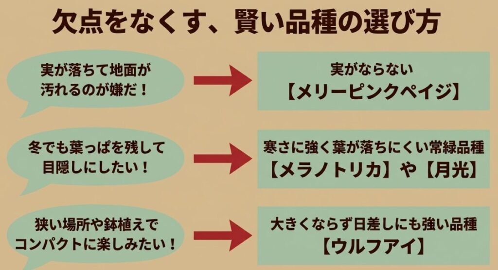 ヤマボウシ:欠点をなくす、賢い品種の選び方。実が落ちるのが嫌なら「メリーピンクペイジ」、冬でも葉を残したいなら「メラノトリカ」や「月光」、コンパクトに楽しむなら「ウルフアイ」。