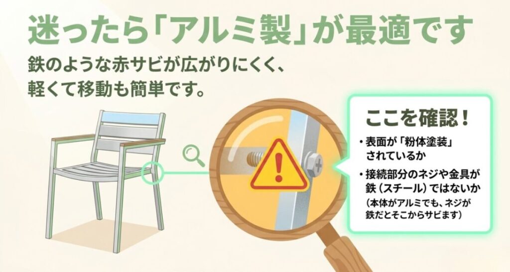 アルミ製ガーデンチェアを選ぶ際に、粉体塗装の有無と接続部分のネジや金具の素材を確認する図