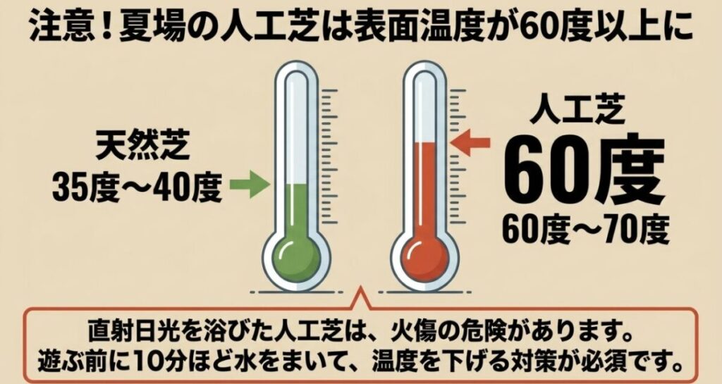 夏の天然芝が約35度から40度なのに対し、人工芝は60度から70度になることを示す温度比較図