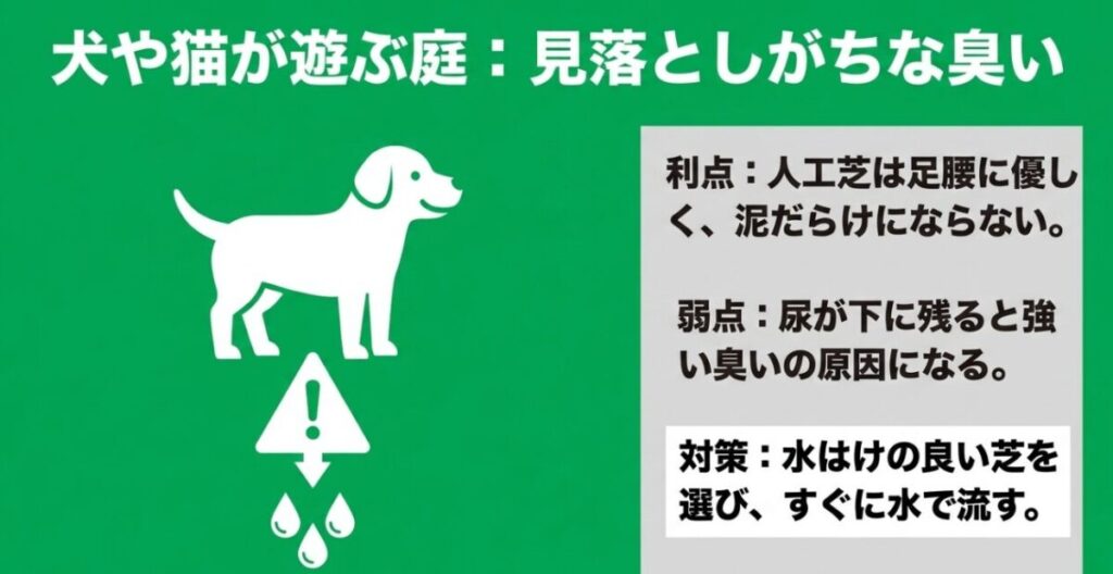 人工芝はペットの足腰に優しい一方、尿が下に残ると臭いの原因になるため排水性と水洗いが重要と示した図