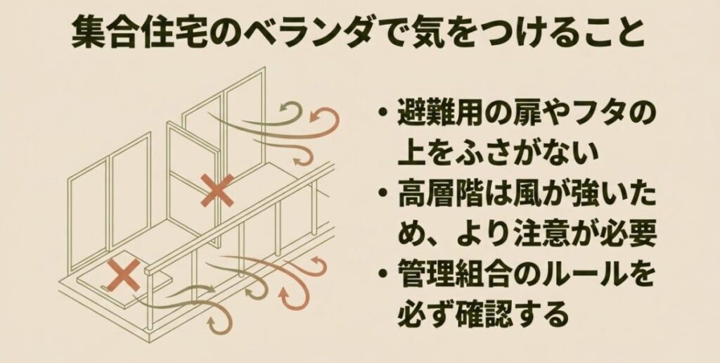 避難扉や避難ハッチをふさがず管理規約を確認するベランダ設置の注意点