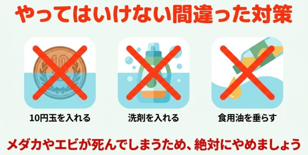 メダカやエビのいるビオトープでは、10円玉、洗剤、食用油を使わないよう注意を促すスライド