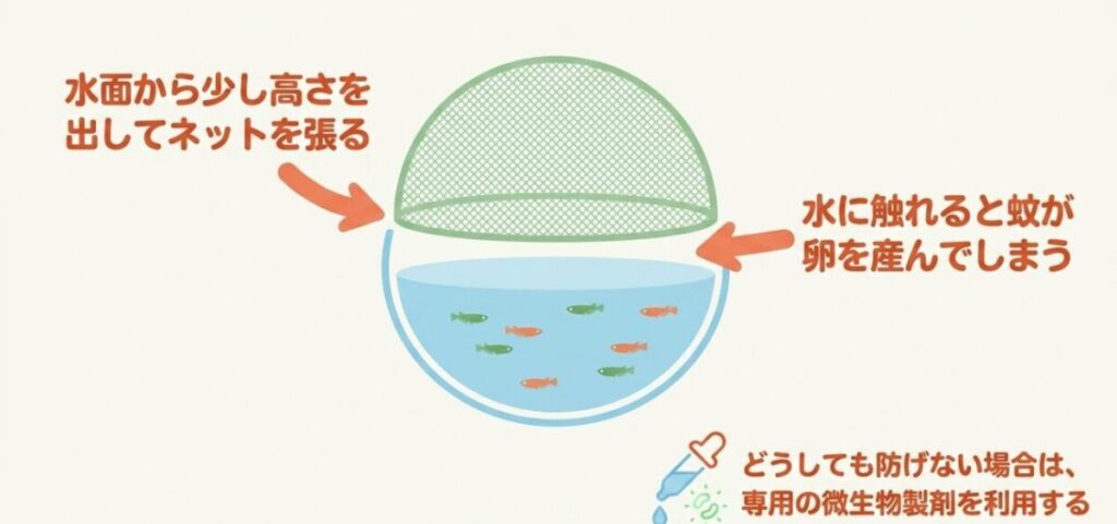 稚魚容器の水面から少し離して防虫ネットを張り、必要に応じて使用可能な微生物製剤を検討する方法