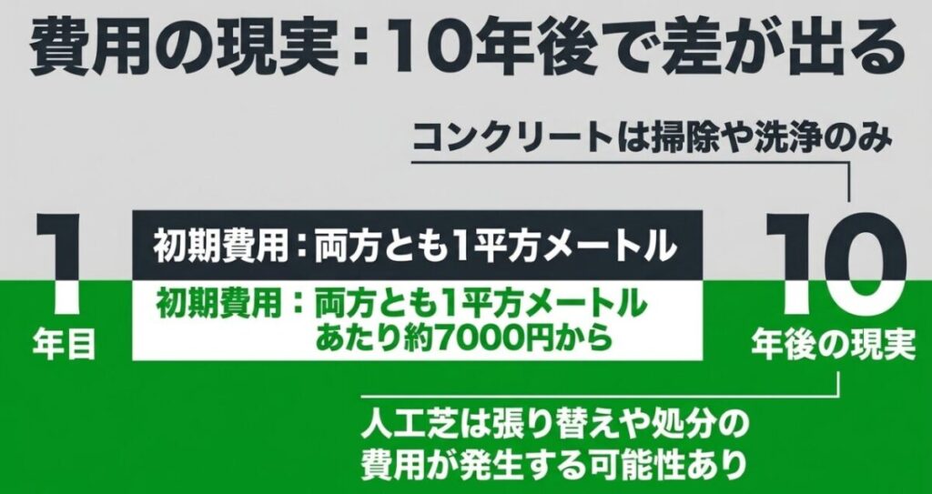 コンクリートと人工芝は初期費用が近くても、人工芝には将来の張り替えや処分費用が発生する可能性を示した図
