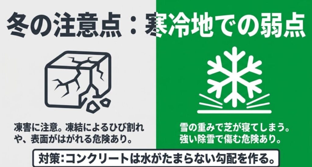 寒冷地で起こるコンクリートの凍害やひび割れと、人工芝の雪による芝葉の寝ぐせや除雪時の傷みを比較した図