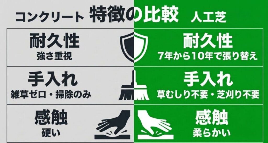 コンクリートと人工芝の耐久性、手入れのしやすさ、歩いたときの感触を比較した図