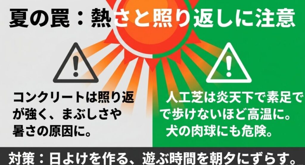 コンクリートの照り返しと人工芝の高温化、日陰を作ることや朝夕に利用する対策を示した図