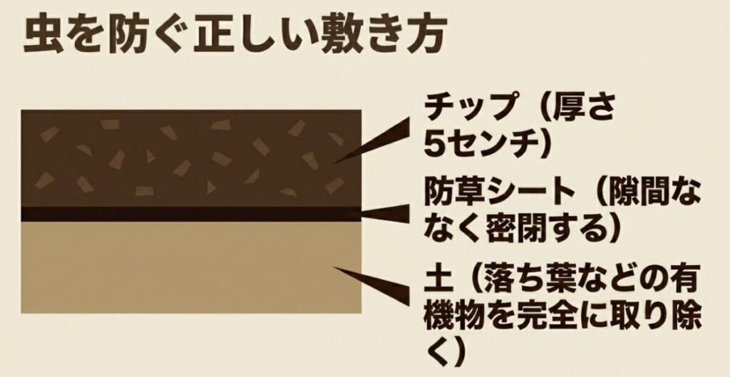ウッドチップ:虫を防ぐ正しい敷き方。上からチップ(厚さ5センチ)、防草シート(隙間なく密閉する)、土(落ち葉などの有機物を完全に取り除く)の3層構造。