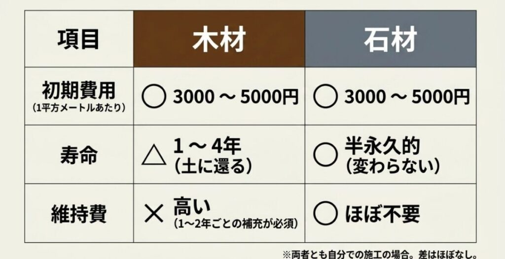 ウッドチップと砂利の初期費用は同等だが、寿命や長期維持費においてウッドチップが高コストになることを示した比較表。