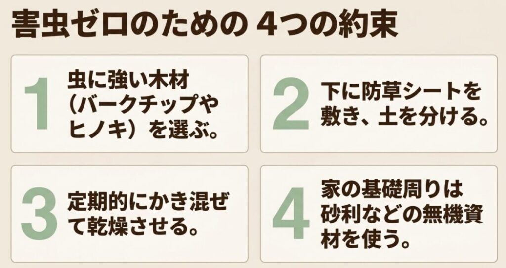 害虫ゼロのための4つの約束。1. 虫に強い木材(バークチップやヒノキ)を選ぶ。2. 下に防草シートを敷き、土を分ける。3. 定期的にかき混ぜて乾燥させる。4. 家の基礎周りは砂利などの無機資材を使う。