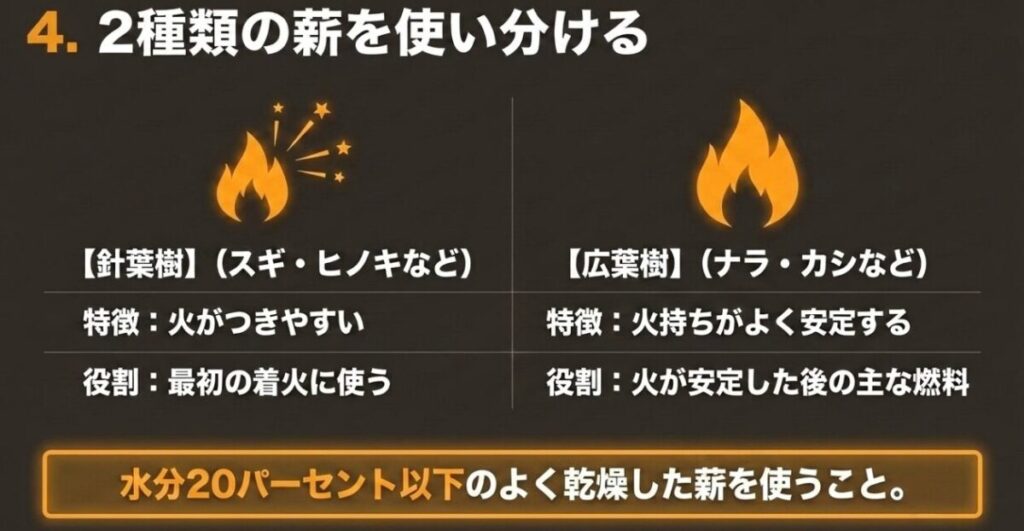 針葉樹は着火用、広葉樹は安定燃焼用として乾燥した薪を使い分ける方法