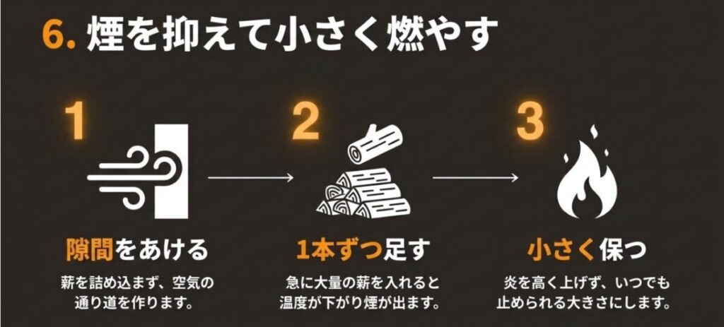 薪の間に空気の通り道を作り一本ずつ足して炎を小さく保つ手順