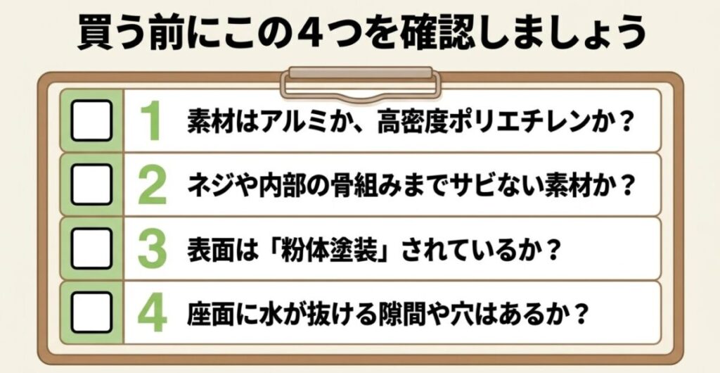 庭の椅子を買う前に、アルミや高密度ポリエチレンの素材、ネジと骨組み、粉体塗装、水はけ構造を確認するチェックリスト