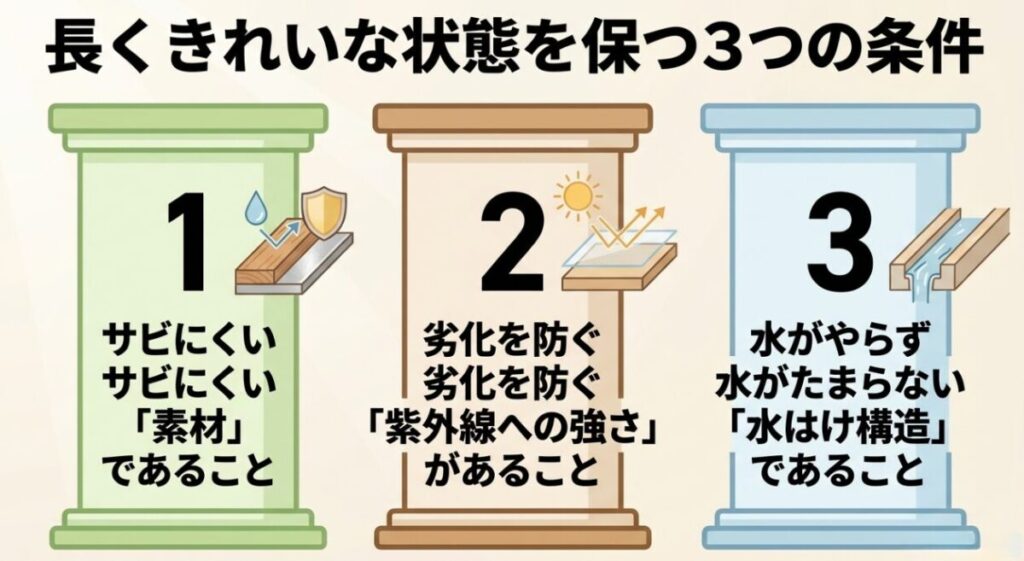 庭の椅子を長持ちさせるために必要な、サビにくい素材、紫外線への強さ、水はけ構造の3条件