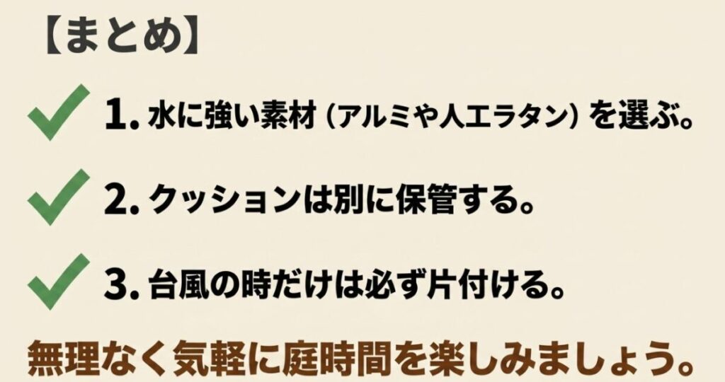 庭の椅子を出しっぱなしにする際は、水に強い素材を選び、クッションを別に保管し、台風前に片付けるという3つの要点