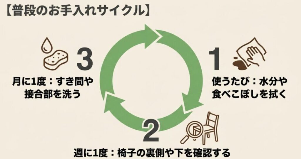 庭の椅子について、使用するたびに水分を拭き、週に一度裏側を確認し、月に一度隙間を洗う管理サイクル