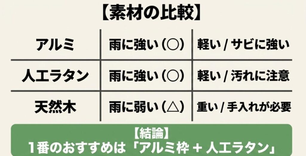 アルミ、人工ラタン、天然木について、雨への強さ、重さ、サビや汚れ、手入れの違いを比較した表