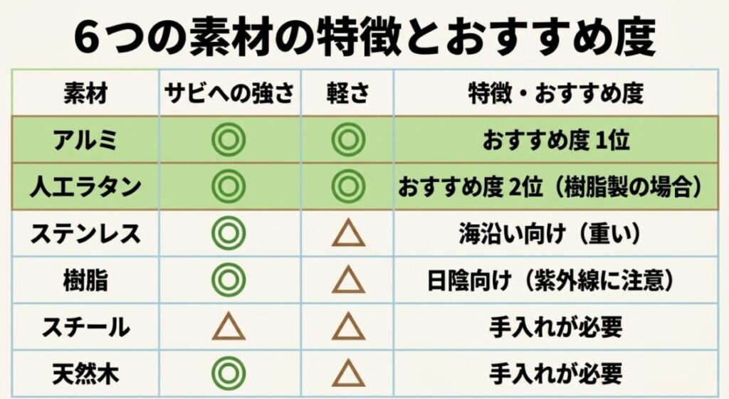 アルミ、人工ラタン、ステンレス、樹脂、スチール、天然木のサビへの強さ、軽さ、特徴を比較した表