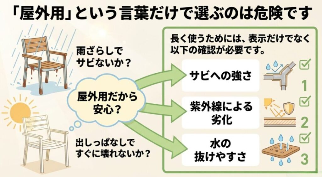 屋外用表示だけで判断せず、サビへの強さ、紫外線による劣化、水の抜けやすさを確認する図