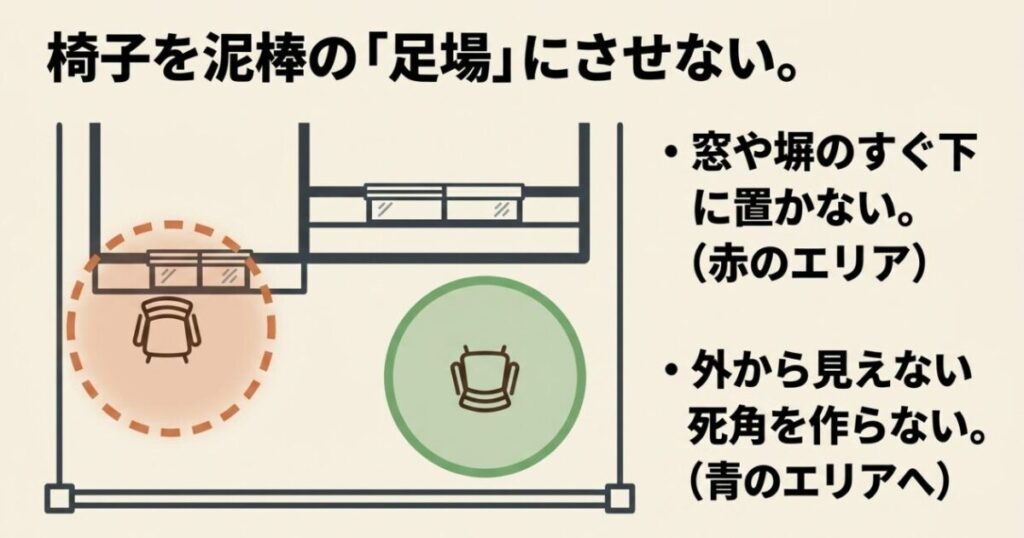 庭の椅子を窓や塀のすぐ下に置かず、外から見えない死角を作らない安全な配置を示した図