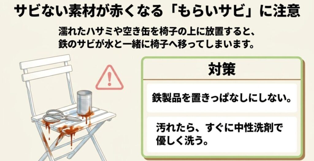 濡れたハサミや空き缶から庭の椅子へサビが移る原因と、鉄製品を放置しない対策を示した図