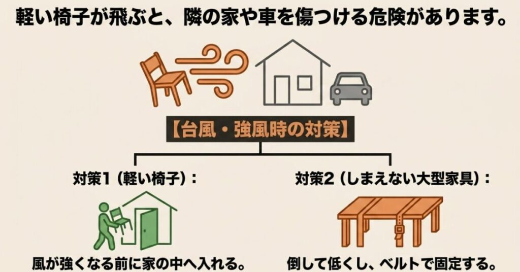 台風や強風の前に軽い椅子は室内へ移し、収納できない大型家具は低く倒してベルトで固定する対策