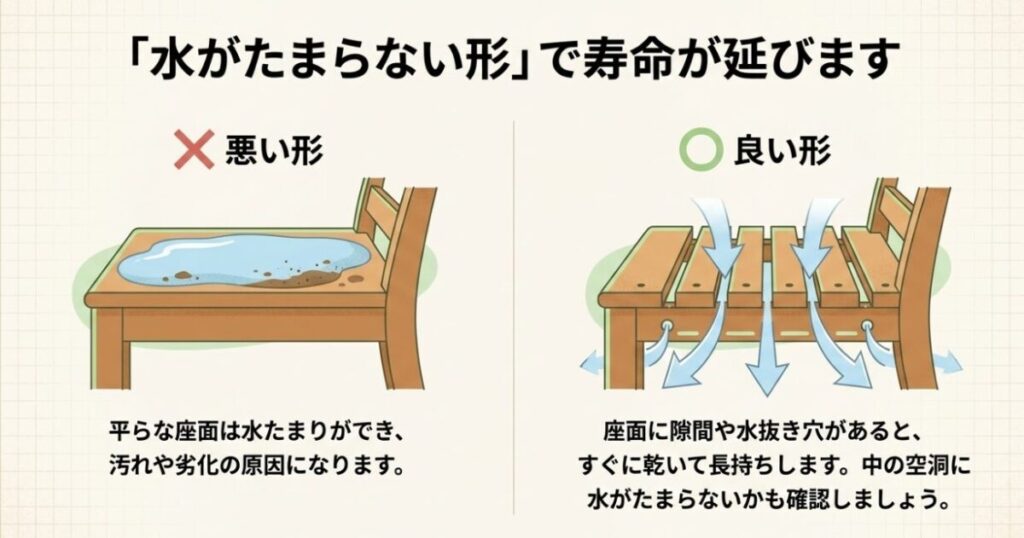水がたまる平らな座面と、隙間や水抜き穴から排水できる座面を比較したガーデンチェアの図