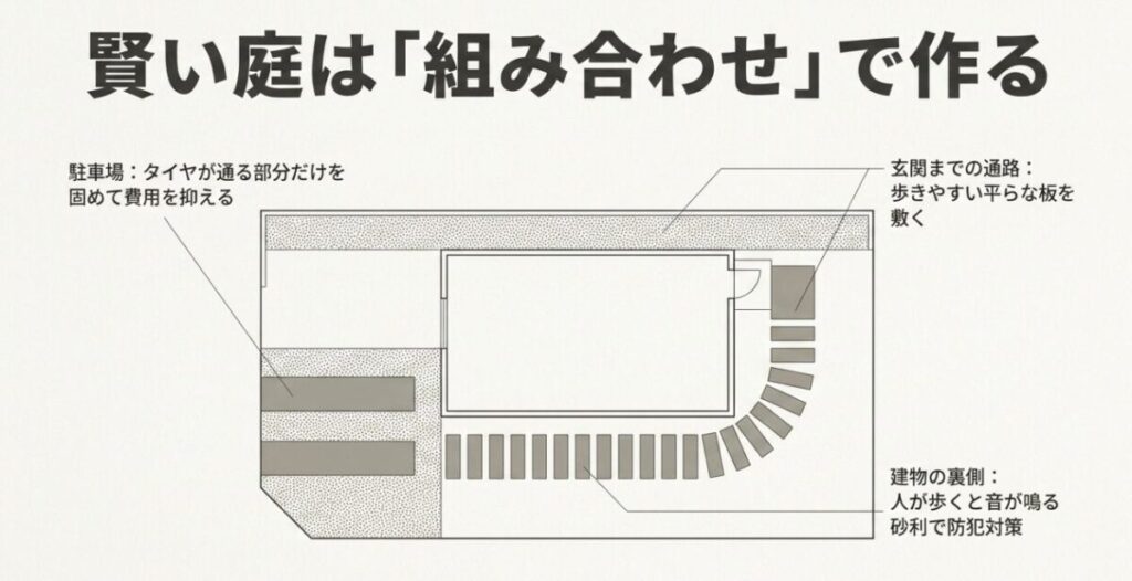 駐車場のタイヤ部分をコンクリート、玄関通路を平板、建物裏を防犯砂利にした庭のゾーニング例
