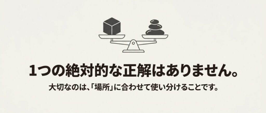 コンクリートと砂利は庭の場所や用途に合わせて使い分けることが大切だと示す画像