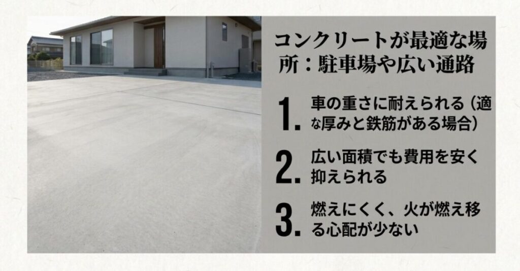 コンクリートは車の重さに対応しやすく、広い面積の費用を抑えやすいため駐車場や広い通路に向くことを示すスライド