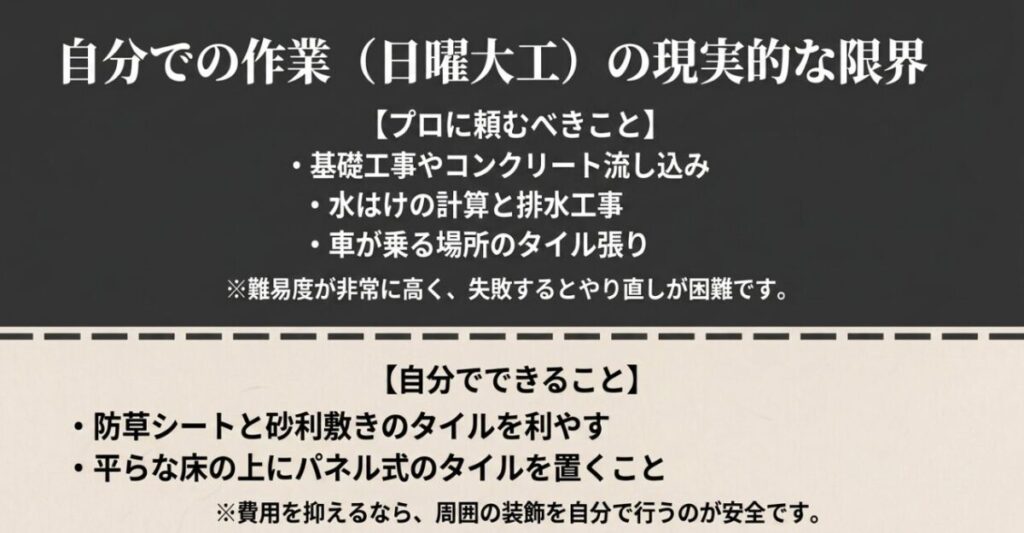 基礎工事やコンクリート施工、排水工事はプロへ依頼し、防草シートや砂利、パネル式タイルはDIYできることを示すスライド