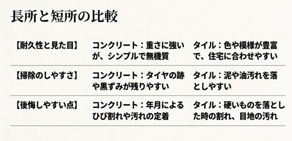 コンクリートとタイルについて耐久性や見た目、掃除のしやすさ、ひび割れや目地汚れなどの後悔ポイントを比較したスライド