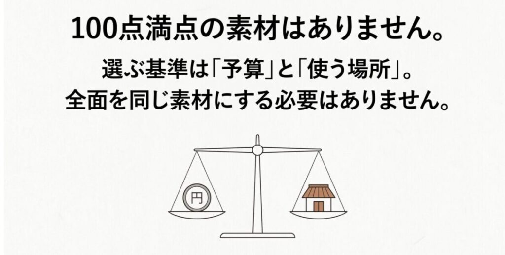 庭舗装は予算と使う場所を基準にコンクリートとタイルを選び、全面を同じ素材にする必要はないと解説するスライド
