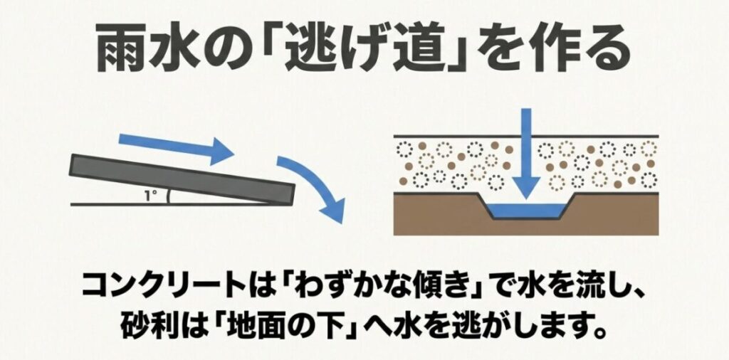 コンクリートは勾配で雨水を流し、砂利は下の地盤へ雨水を浸透させる違いを示す図