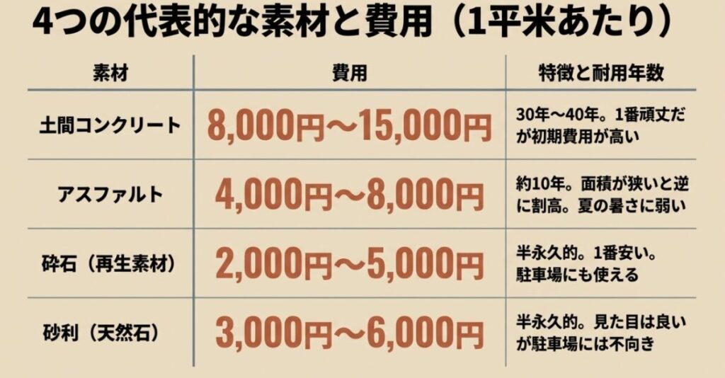 土間コンクリート、アスファルト、再生砕石、天然砂利の1平方メートルあたりの費用と耐用年数を比較した表