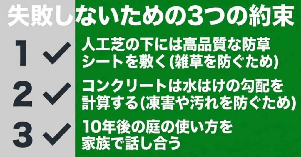 人工芝の下に敷く防草シート、コンクリートの水勾配、10年後の庭の使い方を確認する3項目